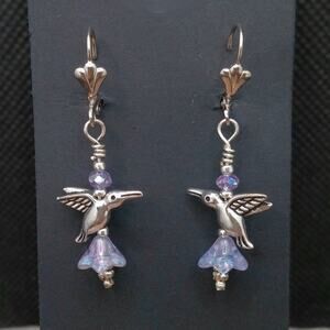 Whimsical Hummingbird Beaded Earrings Artisan Dangle Tibetan Silver Charm Purple